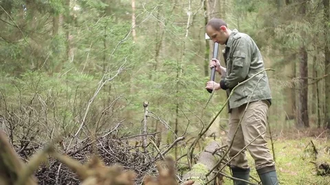 Lumberjack is chopping dry fallen tree 스톡 동영상 75466892