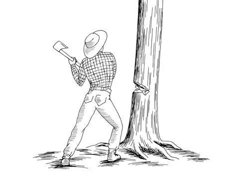 Lumberjack cuts a tree isolated graphic black white sketch illustration vector Stock Illustration