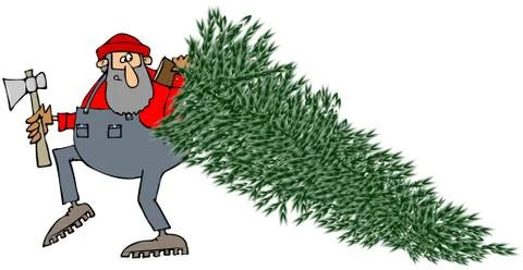 Lumberjack dragging a pine tree Stock Illustration
