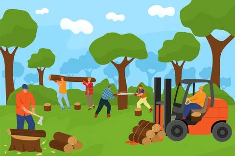 Lumberjack group in forest, vector illustration. Man people character cut tree Stock-Illustration