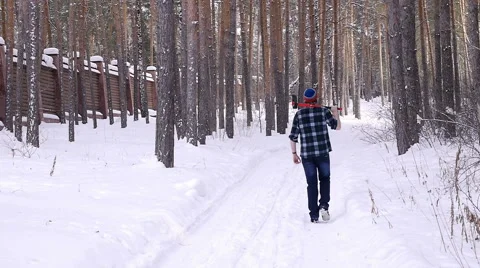 Lumberjack with his ax returns from work of the winter forest Stock Footage 60050396