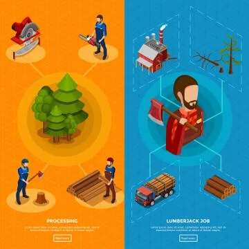 Lumberjack Isometric Vertical Banners 스톡 일러스트