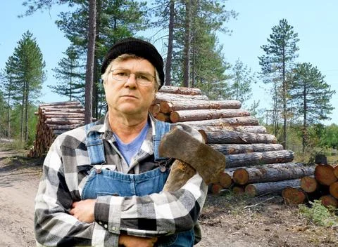 Lumberjack portrait against a stack of logs 스톡 사진