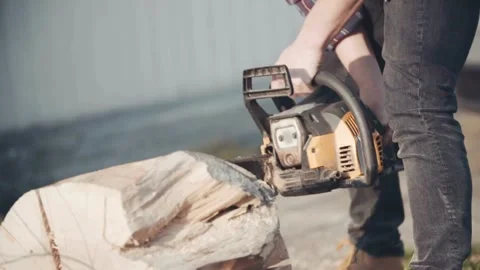 Lumberjack is sawing tree chainsaw. forest cutting concept Timber logging and 스톡 동영상 336570677