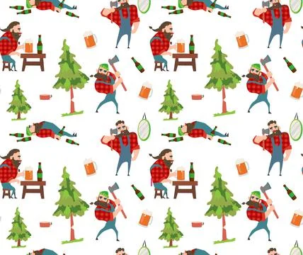 Lumberjack seamless pattern, a beer lover lumberjack rests after work in the  Stock Illustration