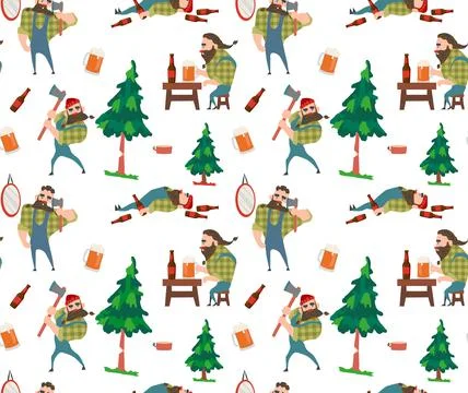 Lumberjack seamless pattern, a beer lover lumberjack rests after work in the  Stock Illustration
