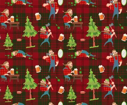 Lumberjack seamless pattern, a beer lover lumberjack rests after work in the  Stock Illustration