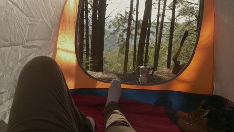Lumberjack setting up camping and chopping firewood Stock Footage 162514914