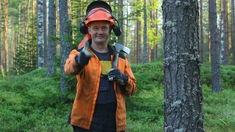 Lumberjack Showing Thumbs Up in the Forest Stock Footage 95259200