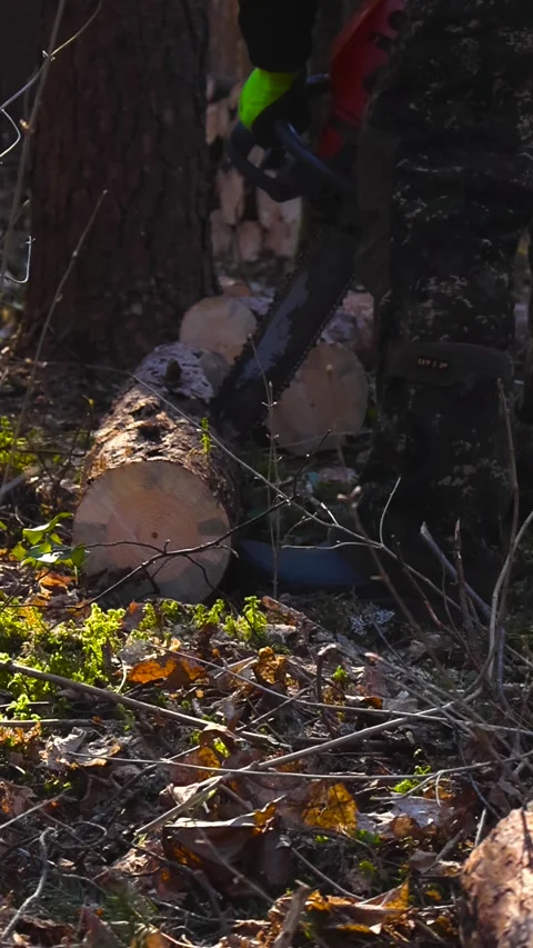 Lumberjack Using a Chainsaw Cutting a Log in the Forest Stock Footage 336762850