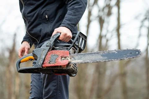 Lumberjack using a Gas-Powered Chain Saw cutting trees Stock Photos