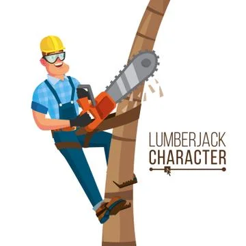 Lumberjack Vector. Classic Worker With Hand Chainsaw Tool. Deforestation Concept Stock Illustration