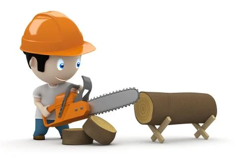 Lumberjack at work! social 3d characters: woodcutter using saw to slice Stock Illustration