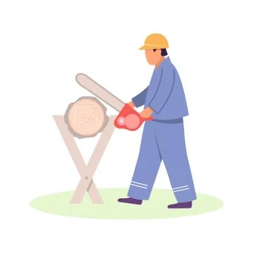 Lumberjack worker with chainsaw in protective gear cutting timber tree, man s Stock Illustration