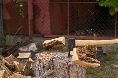 The lumberjack's axe split the log. Stock Photos