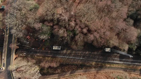 Lumberjacks Railway Environment Work By Cycle Path Bird's Eye View 4K Stock Footage 104492724