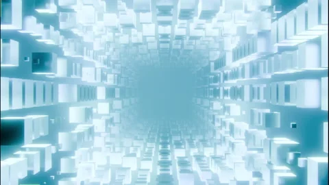 Luminous abstract tunnel of white blocks and cubes receding toward central Stock Footage 346219434