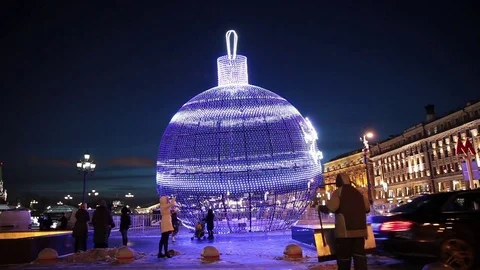 Luminous ball on Manezh Square in Moscow, Russia. City christmas decoration Stock Footage 69735434