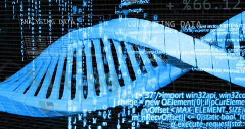 Luminous blue DNA helix rotating as dim circular HUD appearing, overlaying code, Stock Footage 328655839