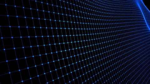 Luminous Blue dots form dynamic undulating digital net grid overlay Stock Footage 320217638