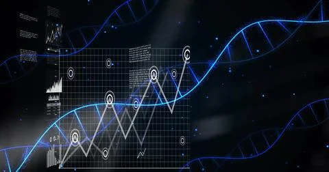Luminous blue helix arcing from lower left, revealing line and bar charts for Stock Illustration