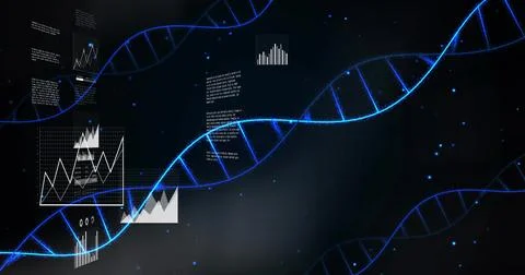 Luminous blue helix arcing from lower left, revealing line and bar charts for Stock Illustration