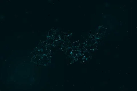A luminous blue mesh of interconnected points floats within a nearly black .. Stock Illustration