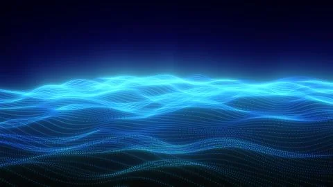 Luminous blue particle waves flow across a dark background, forming an abst.. Stock Illustration