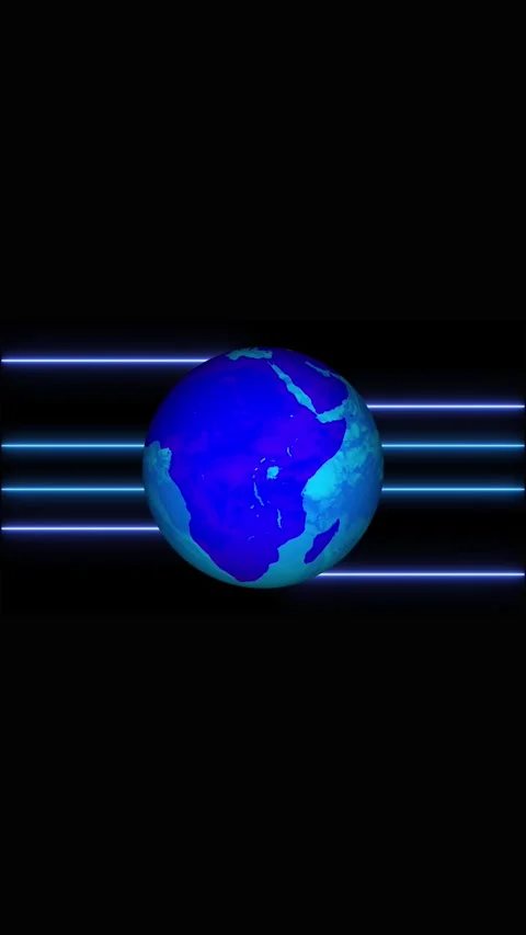 Luminous blue planet surrounded by neon lines world. Blue earth globe with .. Stock Footage 344840608
