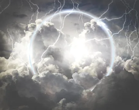 Luminous circle on the background of thunderclouds. copyspace. mockup. Stock Illustration