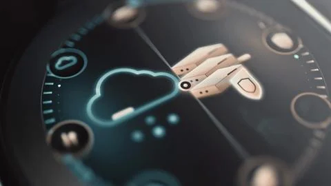 Luminous cloud connects across a close technology interface to three server 库存照片