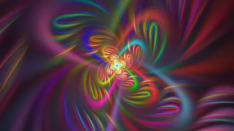 Luminous crossed spirals emanating curved colorful fluids on black background. Stock Footage 338264530