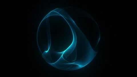 Luminous cyan mesh sphere with flowing translucent ribbons. Deep teal wave .. 库存影片 330118344