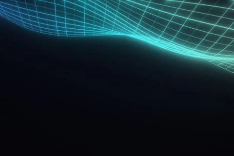 A luminous cyan wireframe bends in a flowing wave across the upper edge, fa.. Stock Illustration