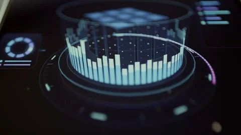 Luminous cylindrical analytics display surrounds a grid with rising Stock Photos