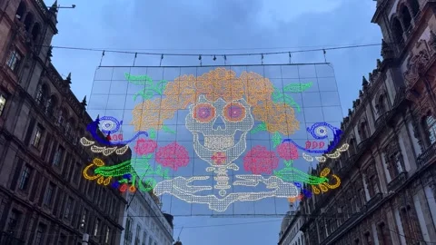  Luminous decorations adorn streets of CDMX in celebration of Day of the Dead Stock Footage 291578829