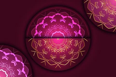 Luminous deep maroon mandala with central flower and ornate Ilustração Stock