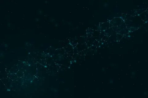 A luminous diagonal stream of connected teal particles sweeps across a deep.. Stock Illustration