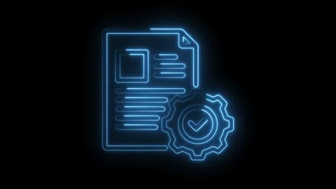 Luminous digital document processing with gear verification icon animation on Stock Footage 330777296