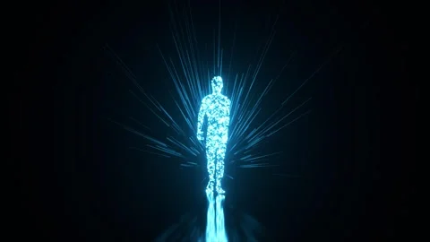 Luminous digital particles coalescing to form a radiant humanoid figure. Which Stock Footage 322006382
