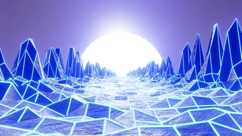 Luminous digital wireframe mesh. Flight through the valley.Retro 8bit Stock Footage 300656899