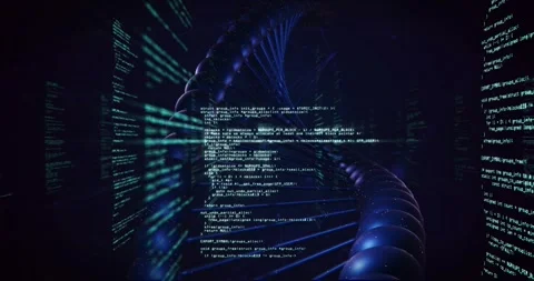 Luminous DNA helix rotating and shifting with front code appearing, showing Stock Footage 328584759