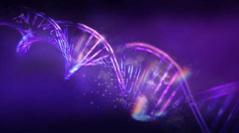 Luminous DNA strands on a dark violet background, 3D render. Stockillustratie