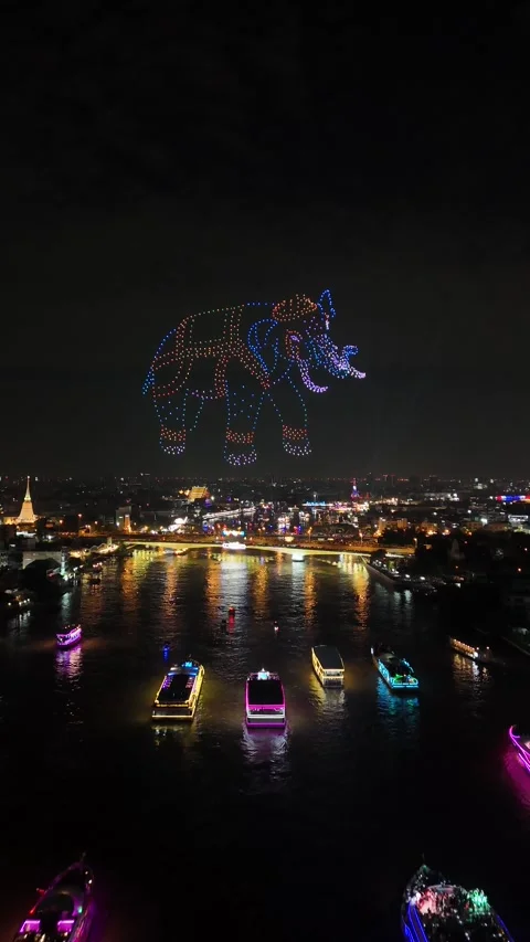 Luminous Drones Creating Elephant Shape Over Bangkok, Thailand Stock Footage 335969951