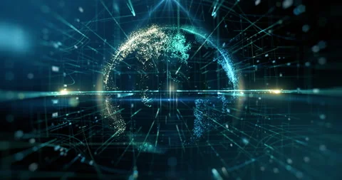 Luminous earth with particles and lines moving around it on blue Stock Footage 309128450