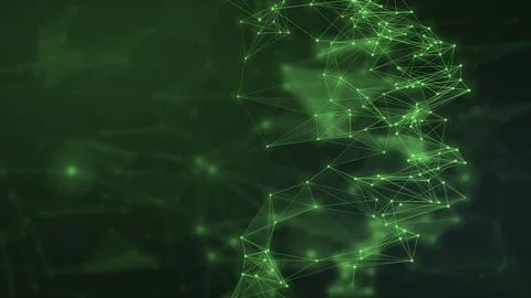A luminous emerald web of connected points forms a flowing digital profile .. Stock Illustration