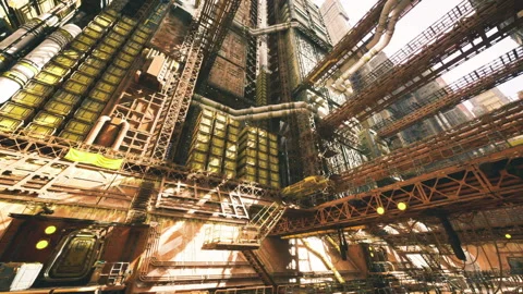 Luminous engineering space featuring rusted walkways and machinery Stock Footage 339790830