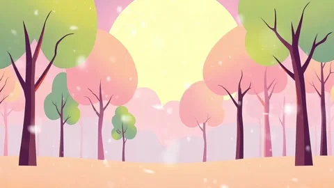 Luminous Forest Glade: Cartoon Trees Bathed in a Warm Glow, Snowflakes Dance in Video stock 307004590
