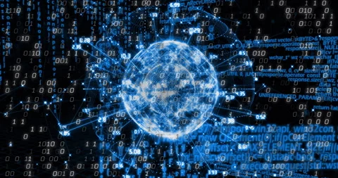 Luminous globe materializing and rotating with radiating nodes, streaming binary Stock Footage 311225307