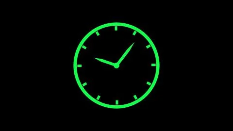 Luminous green clock isolated on black background, representing time manage.. Illustrazione stock
